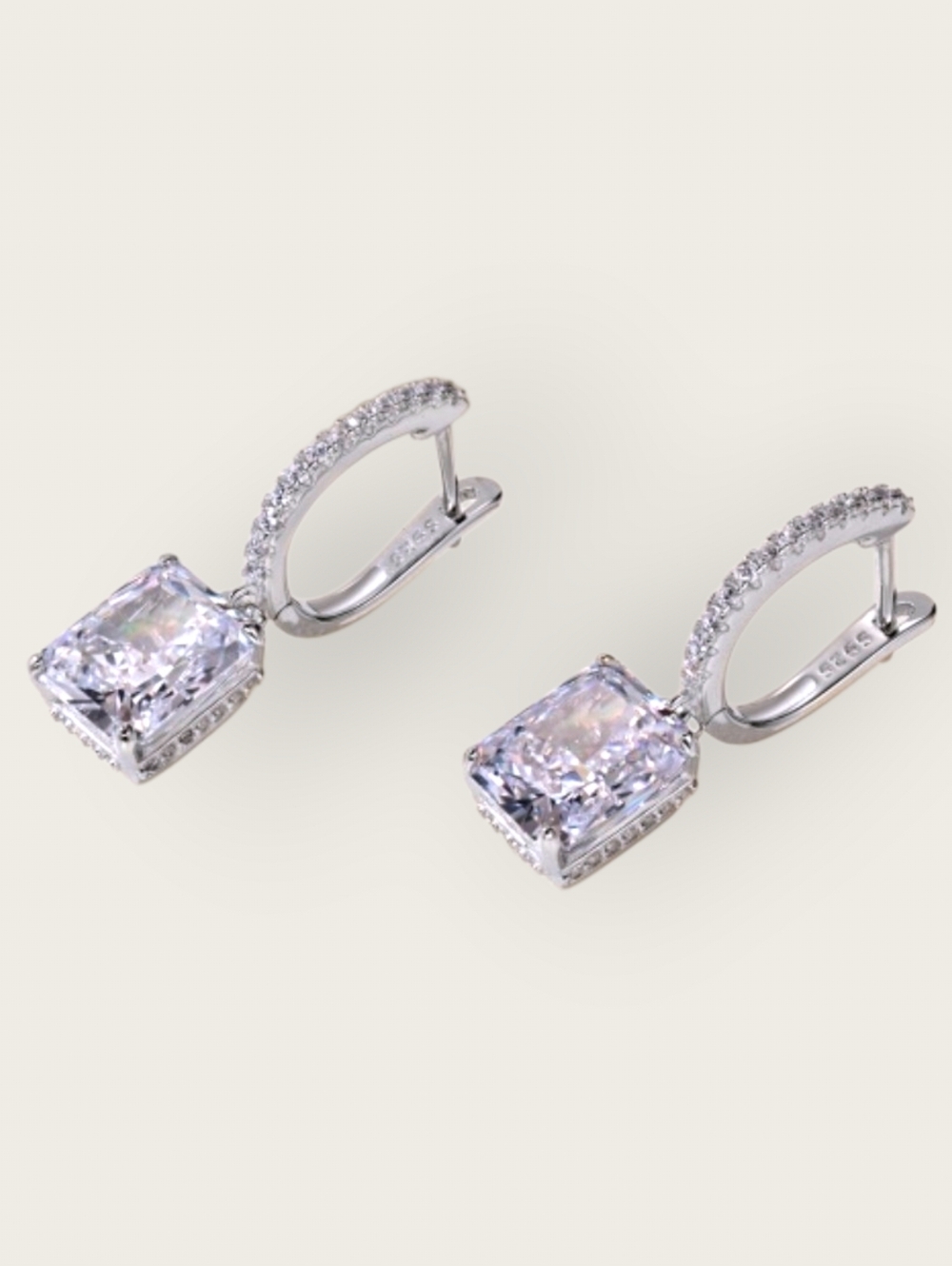 Sterling Silver Cubic Zirconia Cushion Drop Earrings - New.